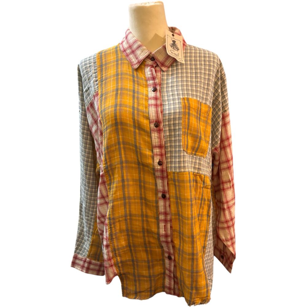 Easel Multicolor Plaid Patchwork Blouse